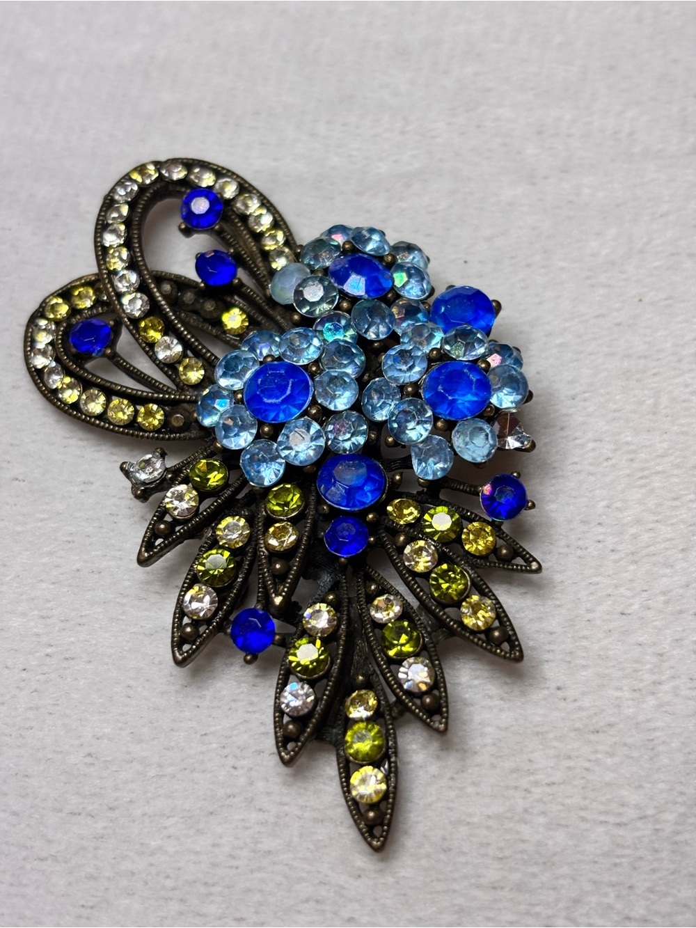 Vintage Blue Rhinestone Flower Bouquet Bow Brooch Statement Pin